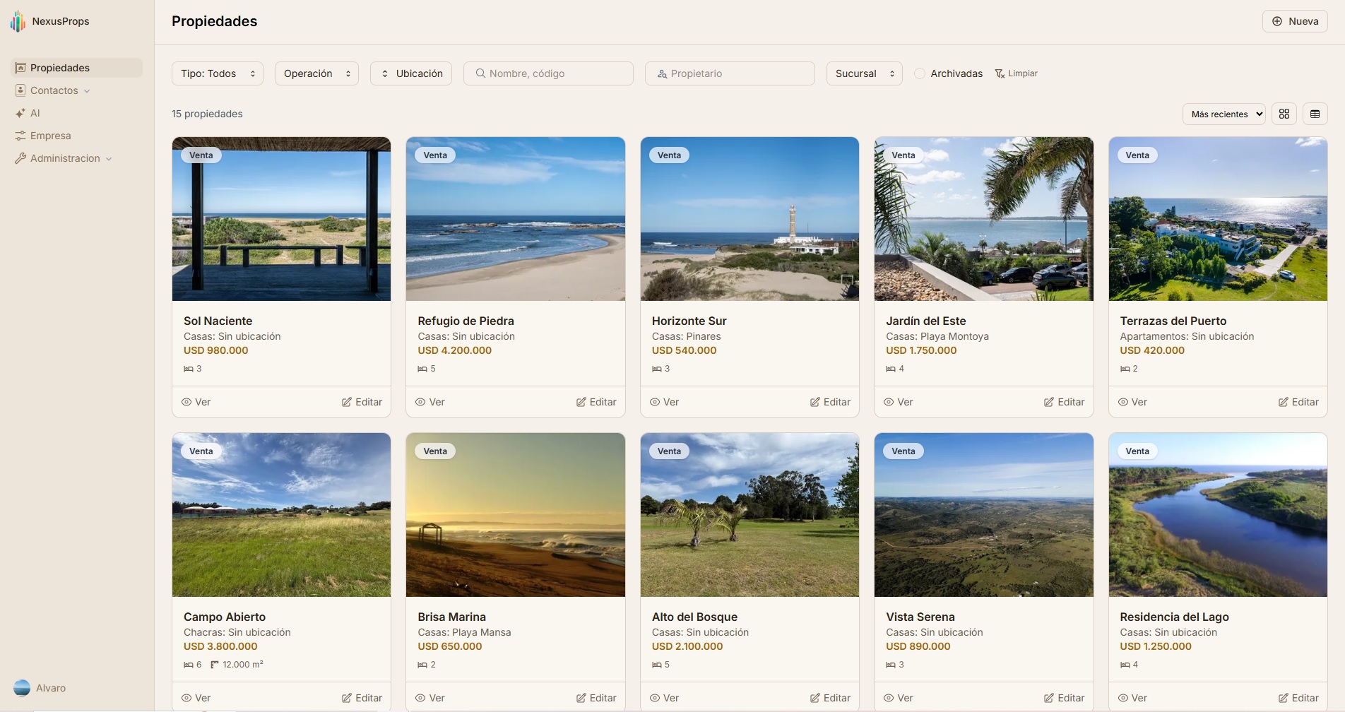 Dashboard del CRM inmobiliario NexusProps